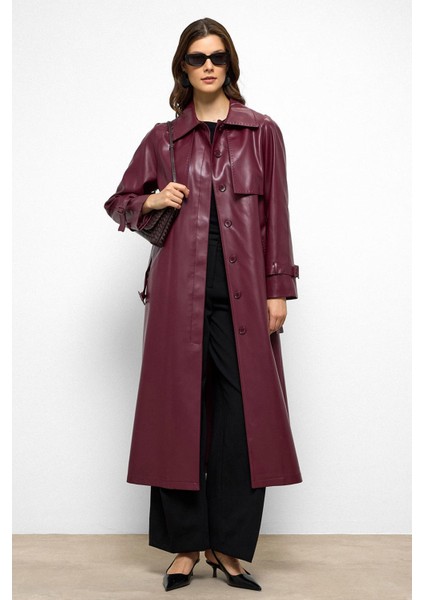 Reglan Kol Pelerin ve Punto Dikiş Detaylı Deri Trençkot Bordo 6754