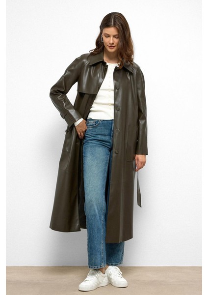 Gömlek Yaka Reglan Kol Pelerin ve Torba Cep Detaylı Deri Trençkot Haki 6760 fiyatları