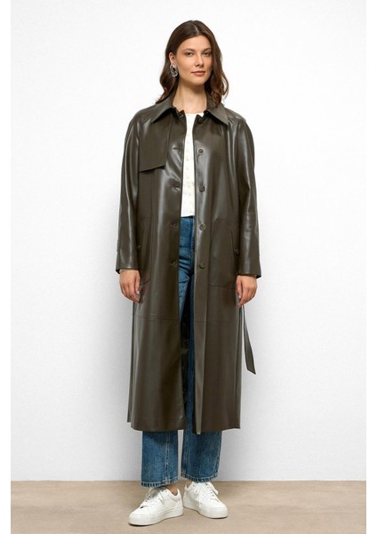 Gömlek Yaka Reglan Kol Pelerin ve Torba Cep Detaylı Deri Trençkot Haki 6760 indirimleri