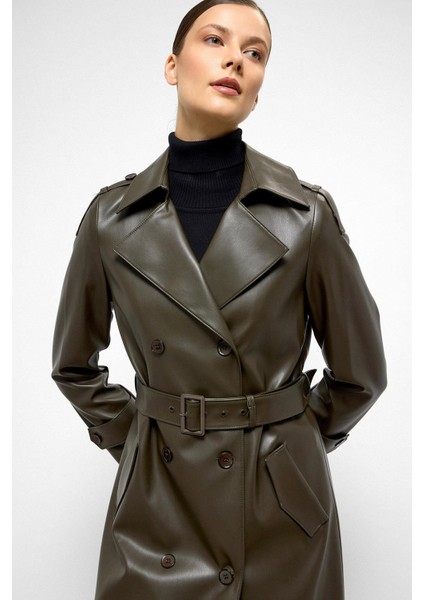 Apolet Detaylı Kruvaze Deri Trençkot Haki 6756 fiyatları
