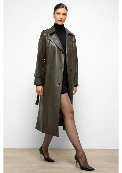 Apolet Detaylı Kruvaze Deri Trençkot Haki 6756 modelleri