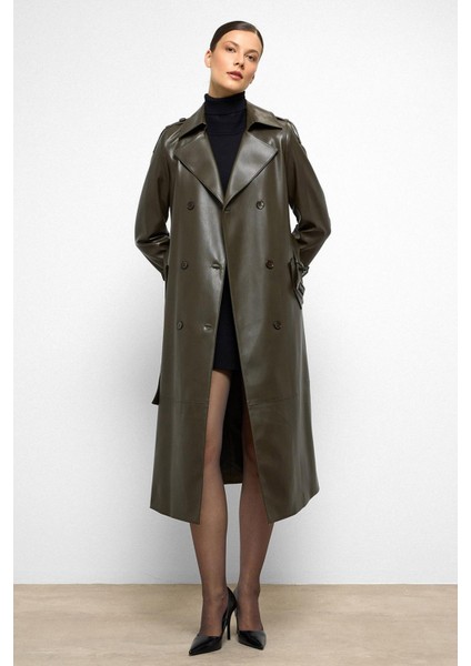 Apolet Detaylı Kruvaze Deri Trençkot Haki 6756 fırsatları