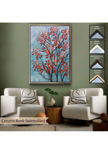 Çerçeveli Kırmızı Yapraklar Soyut Dekoratif Kanvas TABLO-5179