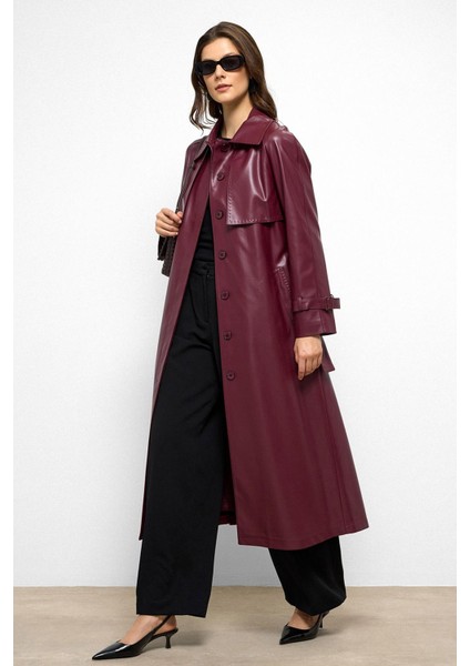 Reglan Kol Pelerin ve Punto Dikiş Detaylı Deri Trençkot Bordo 6754 fiyatları