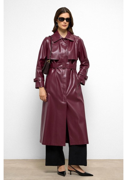 Reglan Kol Pelerin ve Punto Dikiş Detaylı Deri Trençkot Bordo 6754 fırsatları