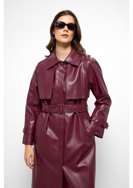 Reglan Kol Pelerin ve Punto Dikiş Detaylı Deri Trençkot Bordo 6754 indirimleri