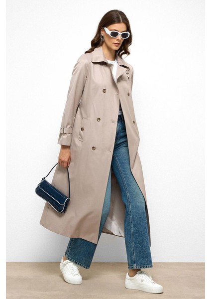 Kruvaze Gömlek Yaka Omuzu Kemer Aksesuarlı Su Itici Özellikli Trençkot Taş 6763