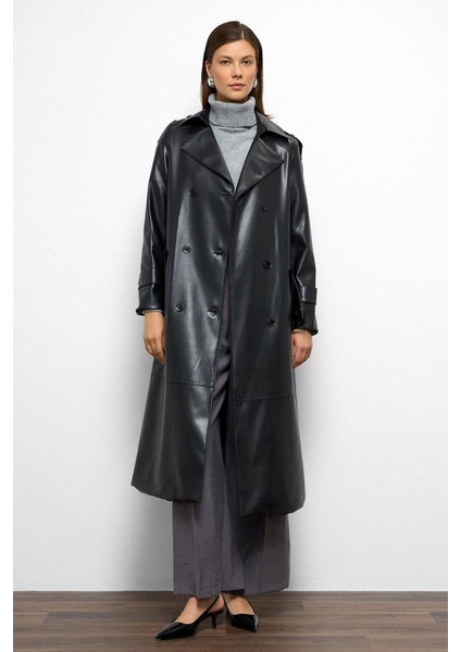 Apolet Detaylı Kruvaze Deri Trençkot Siyah 6756