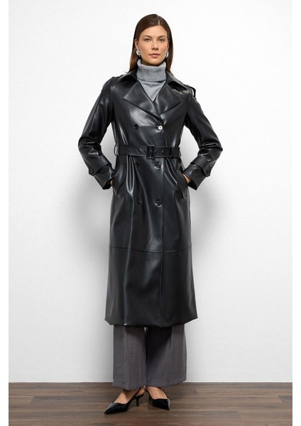 Apolet Detaylı Kruvaze Deri Trençkot Siyah 6756 fiyatları
