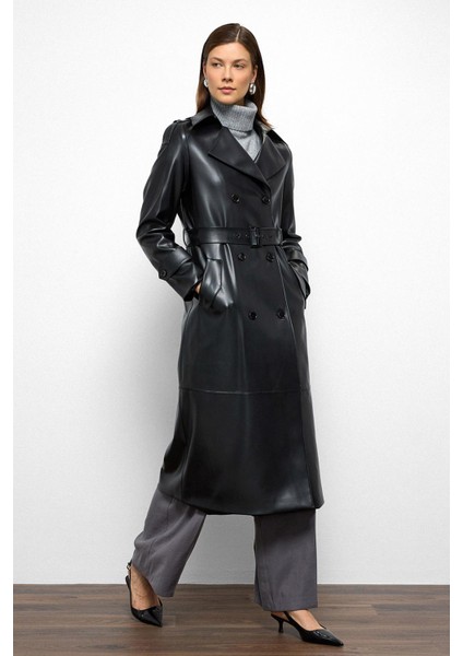 Apolet Detaylı Kruvaze Deri Trençkot Siyah 6756 modelleri