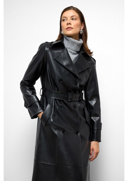 Apolet Detaylı Kruvaze Deri Trençkot Siyah 6756 fırsatları
