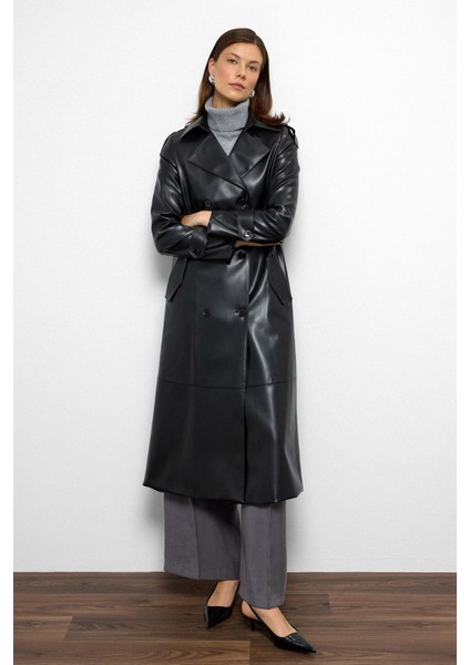 Apolet Detaylı Kruvaze Deri Trençkot Siyah 6756 indirimleri
