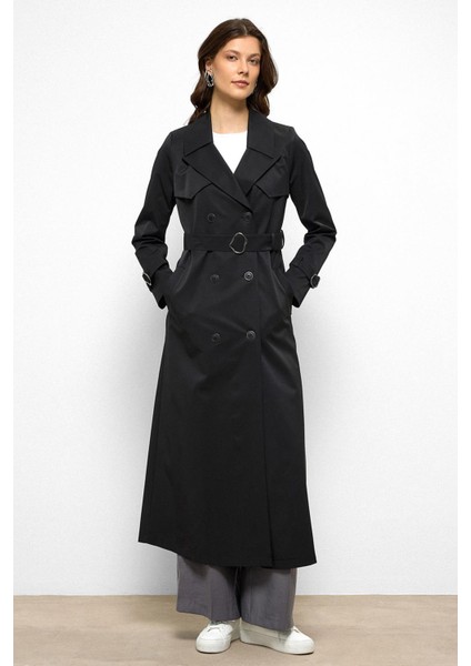 Pelerin Detaylı Su Itici Özellikli Kruvaze Uzun Trençkot Siyah 6761