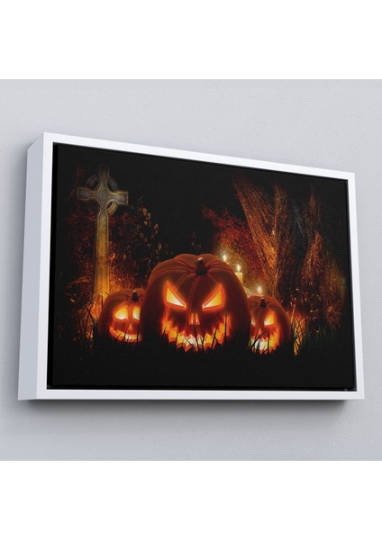 Çerçeveli Korkunç Oymalı Kabaklar Cadılar Bayramı Dekoru Dekoratif Duvar TABLOSU-5197
