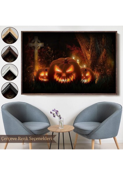 Çerçeveli Korkunç Oymalı Kabaklar Cadılar Bayramı Dekoru Dekoratif Duvar TABLOSU-5197