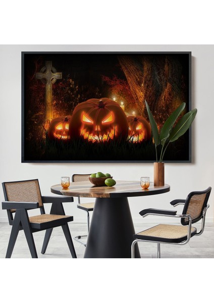 Çerçeveli Korkunç Oymalı Kabaklar Cadılar Bayramı Dekoru Dekoratif Duvar TABLOSU-5197