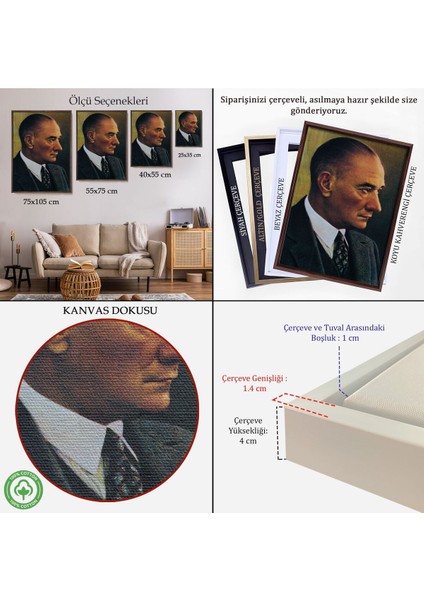 Çerçeveli Atatürk Portre Tablosu Mustafa Kemal Atatürk Dikdörtgen Dekoratif Kanvas Tablo-85 indirimleri