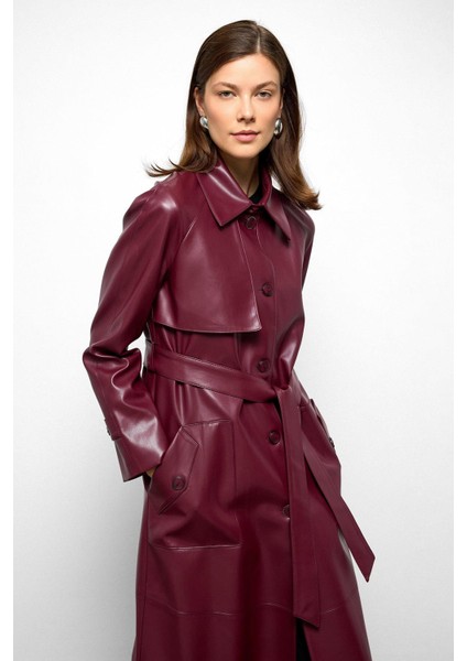 Gömlek Yaka Reglan Kol Pelerin ve Torba Cep Detaylı Deri Trençkot Bordo 6760 fiyatları