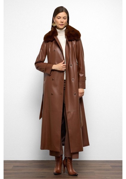 Yakası Çıkabilen Kürklü Kruvaze Deri Görünümlü Uzun Trençkot Taba 6676 modelleri