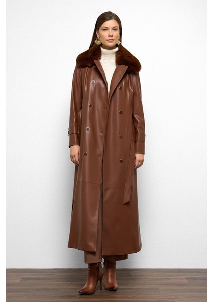 Yakası Çıkabilen Kürklü Kruvaze Deri Görünümlü Uzun Trençkot Taba 6676 indirimleri