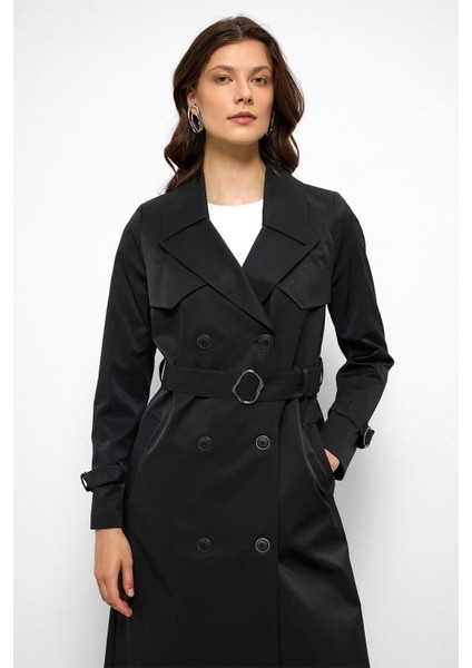 Pelerin Detaylı Su Itici Özellikli Kruvaze Uzun Trençkot Siyah 6761 modelleri