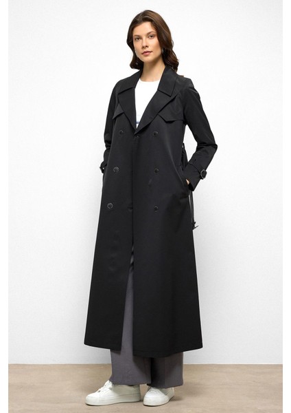 Pelerin Detaylı Su Itici Özellikli Kruvaze Uzun Trençkot Siyah 6761 fırsatları