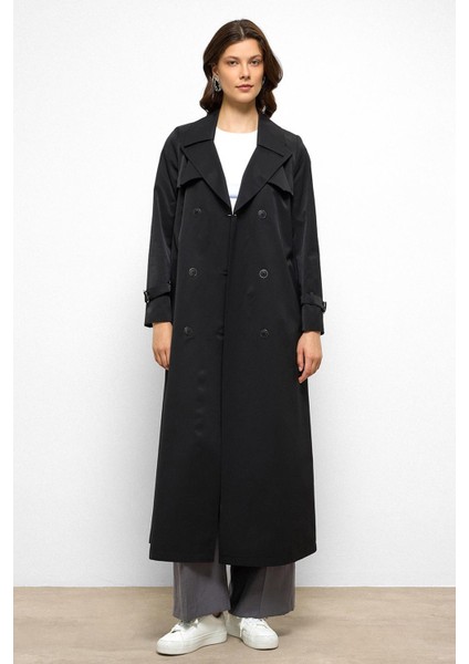 Pelerin Detaylı Su Itici Özellikli Kruvaze Uzun Trençkot Siyah 6761 indirimleri
