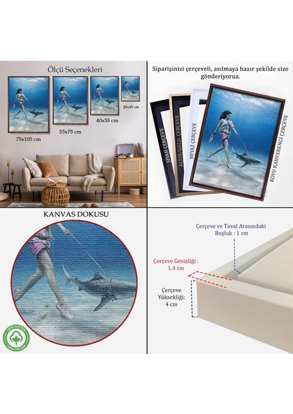 Çerçeveli Su Altında Köpek Balığı Gezdiren Kadın TABLOSU-6482 indirimleri