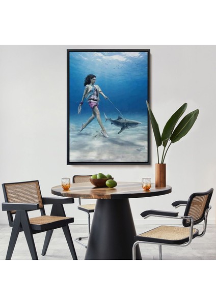 Çerçeveli Su Altında Köpek Balığı Gezdiren Kadın TABLOSU-6482