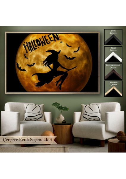 Çerçeveli Süpürgedeki Cadı Duvar Sanatı, Cadılar Bayramı, Uçan Cadı Dekoratif Duvar TABLOSU-5200