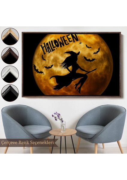Çerçeveli Süpürgedeki Cadı Duvar Sanatı, Cadılar Bayramı, Uçan Cadı Dekoratif Duvar TABLOSU-5200