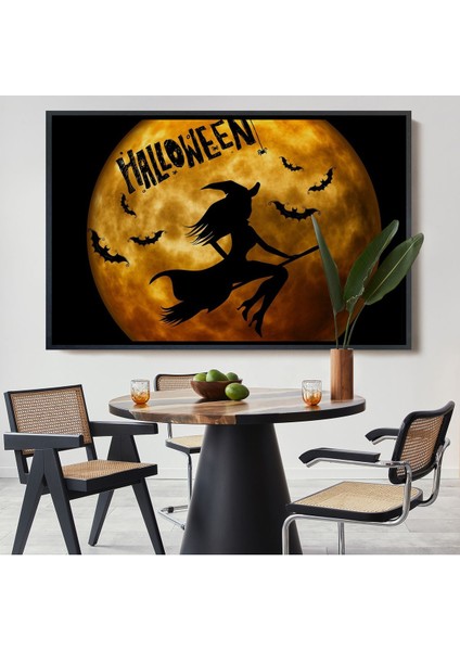 Çerçeveli Süpürgedeki Cadı Duvar Sanatı, Cadılar Bayramı, Uçan Cadı Dekoratif Duvar TABLOSU-5200