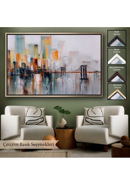Çerçeveli Brooklyn Köprüsü New York Yağlıboya Görünüm Dekoratif TABLO-3744