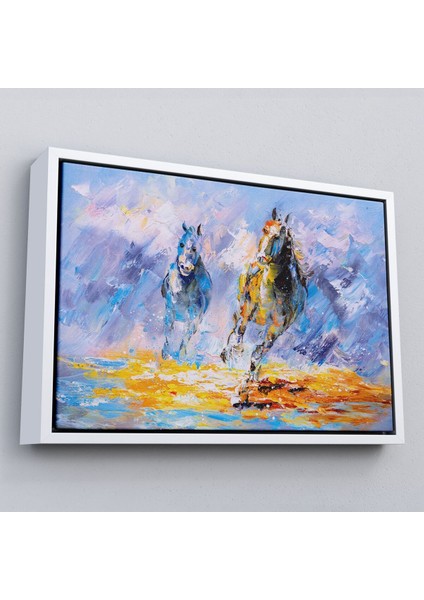 Siyah Çerçeveli Koşan Atlar Yağlıboya Görünüm Dekoratif Kanvas Duvar Tablosu