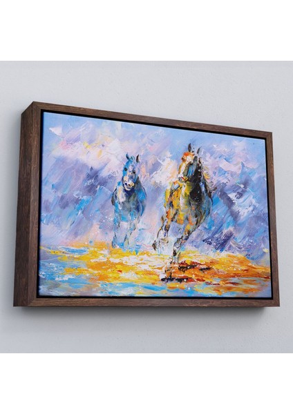 Siyah Çerçeveli Koşan Atlar Yağlıboya Görünüm Dekoratif Kanvas Duvar Tablosu fiyatları