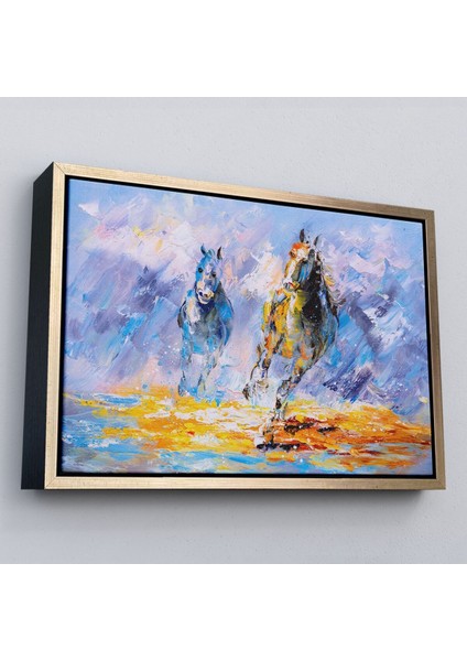 Siyah Çerçeveli Koşan Atlar Yağlıboya Görünüm Dekoratif Kanvas Duvar Tablosu modelleri