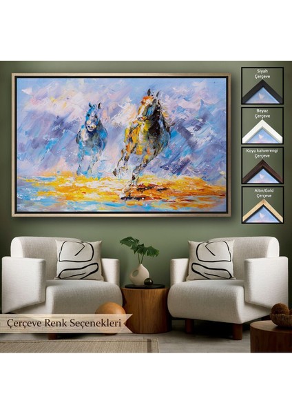 Siyah Çerçeveli Koşan Atlar Yağlıboya Görünüm Dekoratif Kanvas Duvar Tablosu