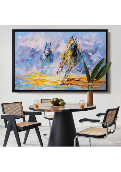 Siyah Çerçeveli Koşan Atlar Yağlıboya Görünüm Dekoratif Kanvas Duvar Tablosu