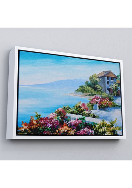 Çerçeveli Rengarenk Çiçekler Arasındaki Deniz Manzaralı Ev Duvar TABLOSU-3633