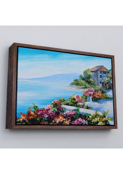Çerçeveli Rengarenk Çiçekler Arasındaki Deniz Manzaralı Ev Duvar TABLOSU-3633 fiyatları