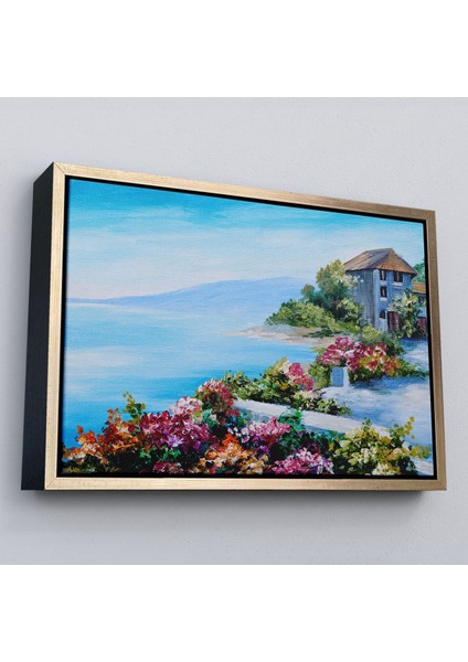 Çerçeveli Rengarenk Çiçekler Arasındaki Deniz Manzaralı Ev Duvar TABLOSU-3633 modelleri