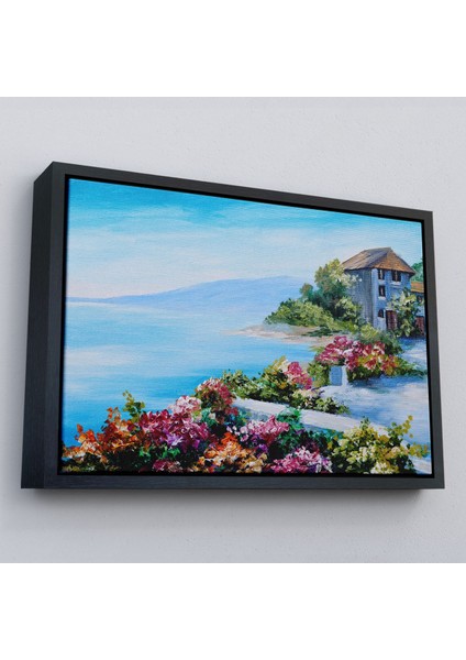Çerçeveli Rengarenk Çiçekler Arasındaki Deniz Manzaralı Ev Duvar TABLOSU-3633 fırsatları