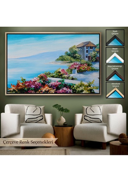 Çerçeveli Rengarenk Çiçekler Arasındaki Deniz Manzaralı Ev Duvar TABLOSU-3633