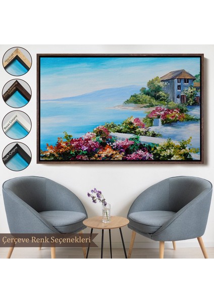 Çerçeveli Rengarenk Çiçekler Arasındaki Deniz Manzaralı Ev Duvar TABLOSU-3633
