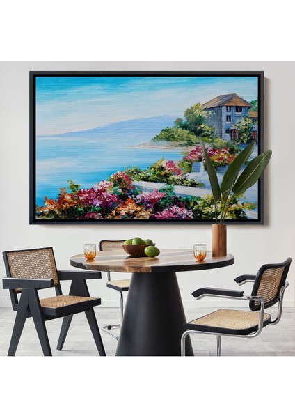Çerçeveli Rengarenk Çiçekler Arasındaki Deniz Manzaralı Ev Duvar TABLOSU-3633