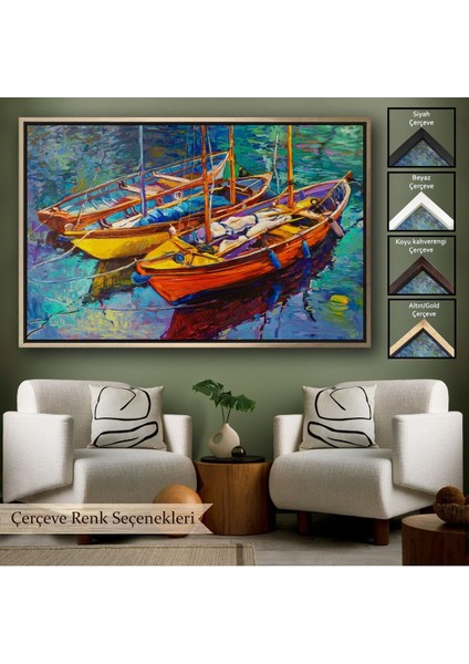 Çerçeveli Okyanus Üzerinde Gün Batımı Tekne ve Deniz Kanvas Duvar TABLOSU-1194