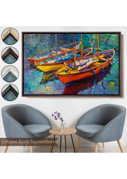 Çerçeveli Okyanus Üzerinde Gün Batımı Tekne ve Deniz Kanvas Duvar TABLOSU-1194