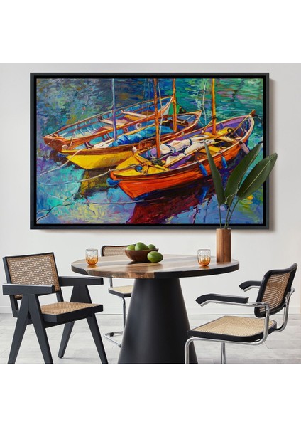 Çerçeveli Okyanus Üzerinde Gün Batımı Tekne ve Deniz Kanvas Duvar TABLOSU-1194