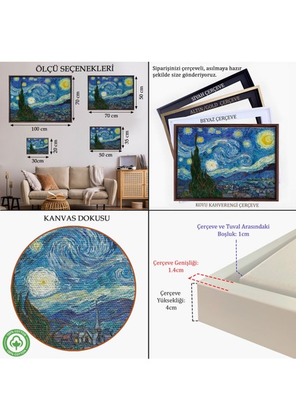 Siyah Çerçeveli Vincent Van Gogh, Yıldızlı Gece Kanvas Tablosu indirimleri