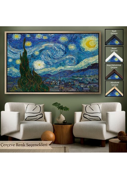 Siyah Çerçeveli Vincent Van Gogh, Yıldızlı Gece Kanvas Tablosu